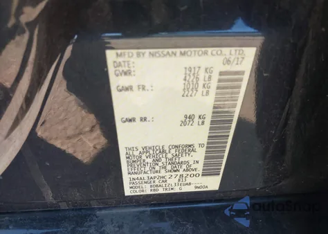 2017 Nissan Altima 2.5 Sv z USA, uszkodzony, nr VIN 1N4AL3AP2HC278200